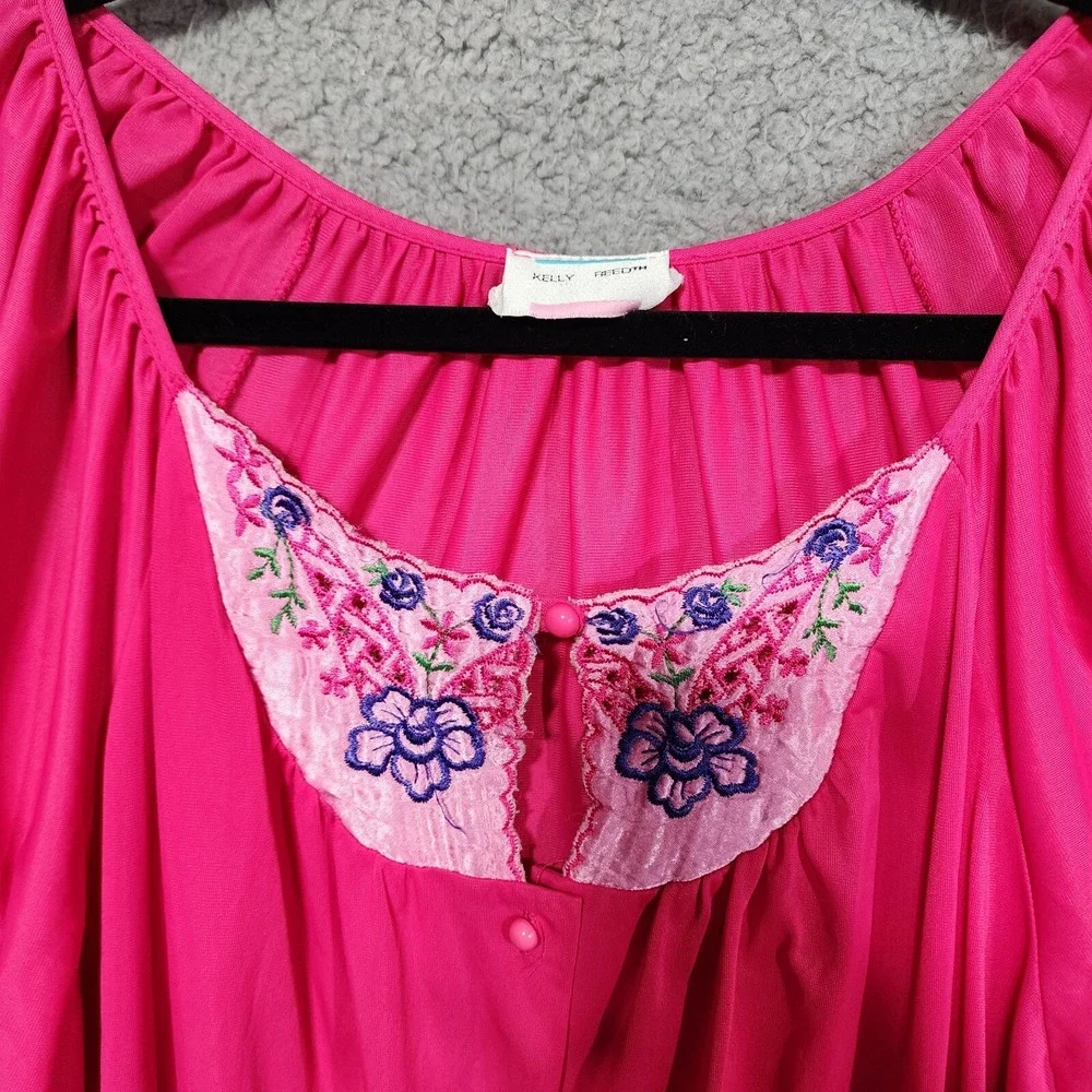 Kelly Reed Womens Pajama Nightgown Bright Pink Nylon‎ Embroidery Size L/XL ?